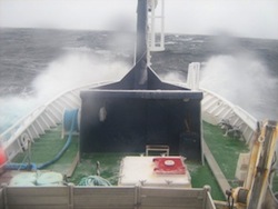 Fishing Vessel Nunatsiavut Nanuk during storm in Baffin Bay, October 2006.